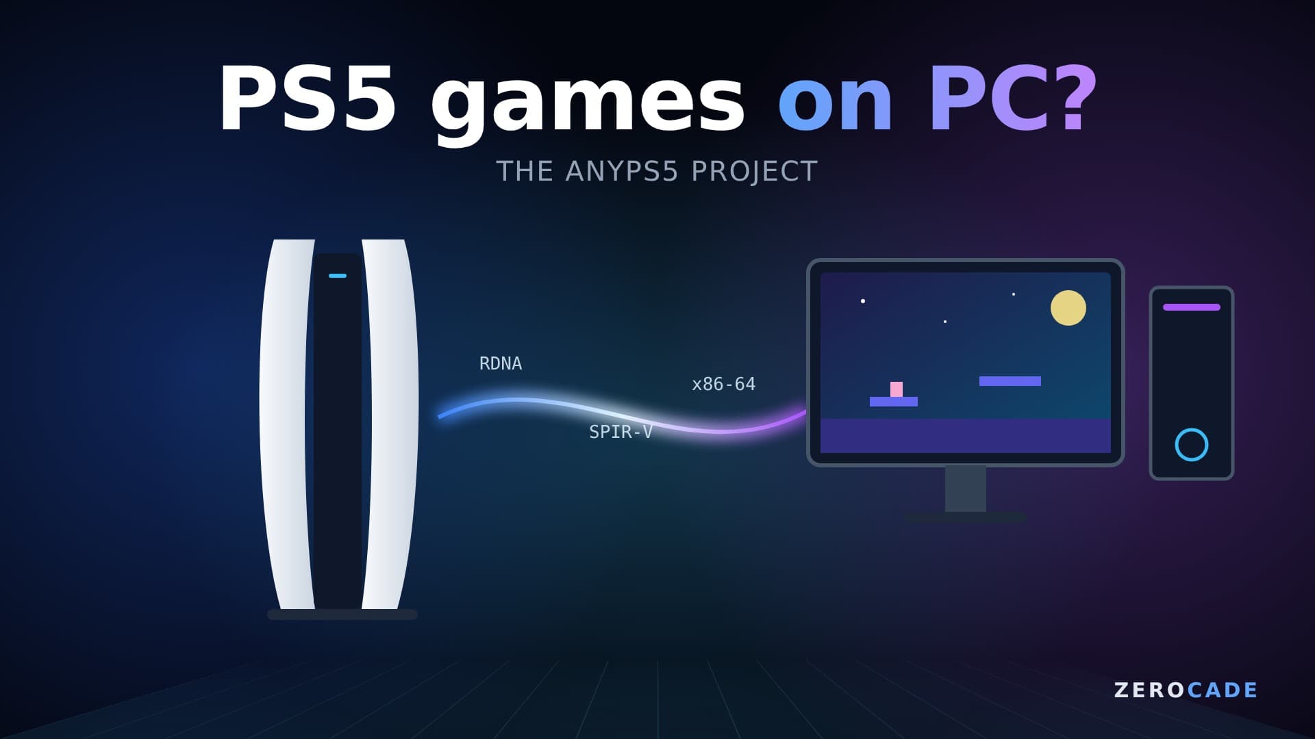 Illustration of a PS5 console beaming a game to a PC monitor, with the headline PS5 games on PC? The AnyPS5 project