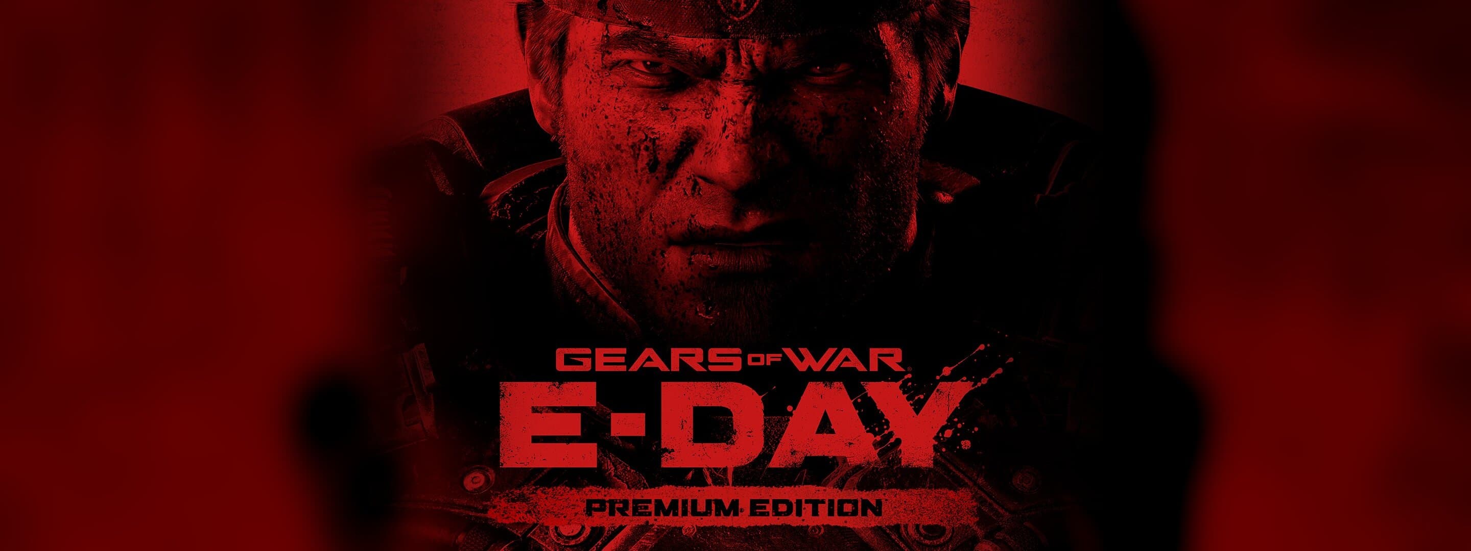 Gears of War: E-Day Premium Edition key art showing a close-up of Marcus Fenix in a red-tinted, grimy style