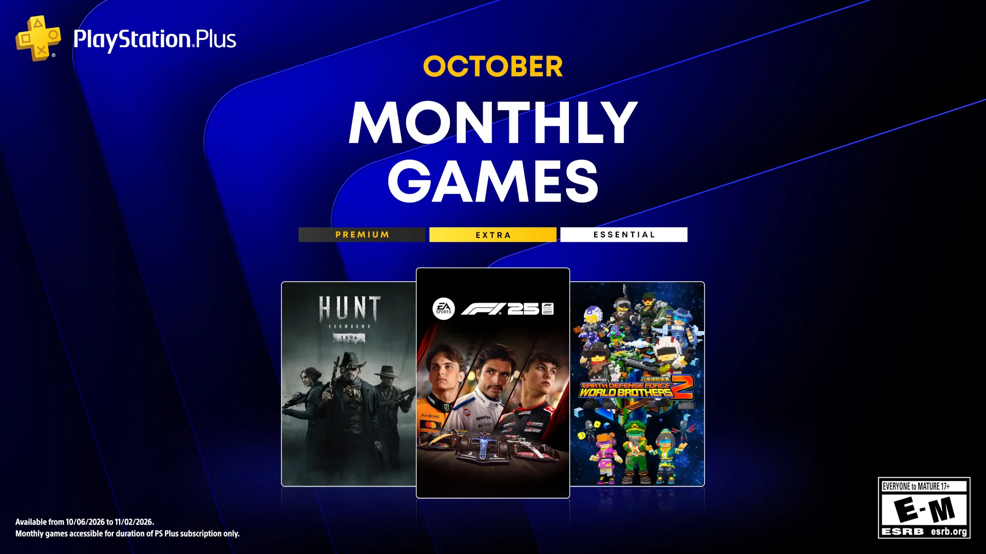 PlayStation Plus Monthly Games for October 2026 promotional art featuring F1 25, Hunt: Showdown 1896 and Earth Defense Force: World Brothers 2